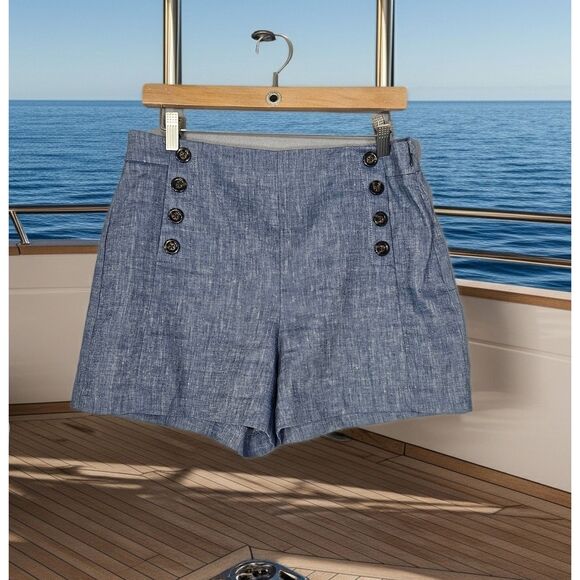 Ann Taylor Linen Blend Sailor Shorts Blue Sz 8 Side Zip Mid Rise - Picture 1 of 9